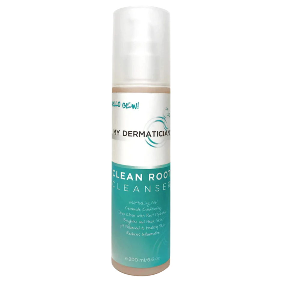 A bottle of Clean Root Cleanser by My Dermatian with a white and teal label, indicating it is a skin care product designed to cleanse the face.