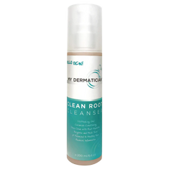 A bottle of Clean Root Cleanser by My Dermatian with a white and teal label, indicating it is a skin care product designed to cleanse the face.