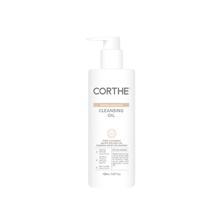 A pump bottle of CORTHE Dermo Essential Cleansing Oil with white and green packaging.