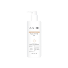 A pump bottle of CORTHE Dermo Essential Cleansing Oil with white and green packaging.