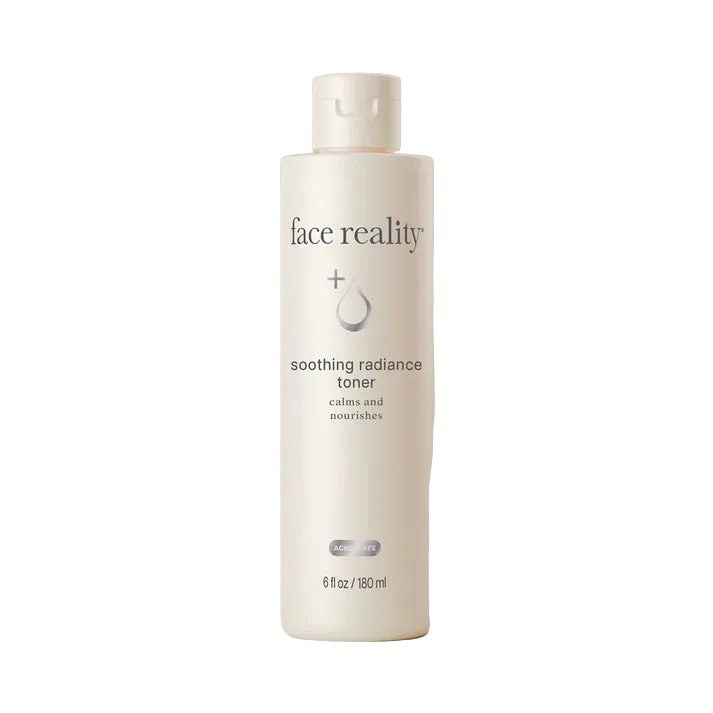 Bottle of 'face reality' soothing radiance toner on a white background