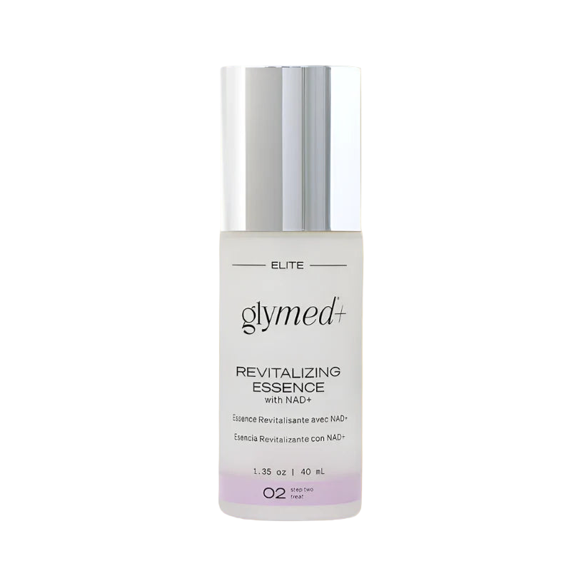 Glymed Elite Revitalizing Essence bottle on a beige background