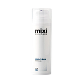 A white cylindrical bottle of Mixi Skincare 'MIXI CLEAN' cleansing gel, featuring a clear cap and black and blue text, set against a light gray background.