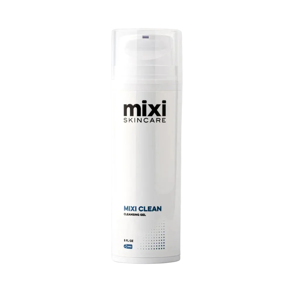 A white cylindrical bottle of Mixi Skincare 'MIXI CLEAN' cleansing gel, featuring a clear cap and black and blue text, set against a light gray background.