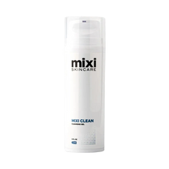 A white cylindrical bottle of Mixi Skincare 'MIXI CLEAN' cleansing gel, featuring a clear cap and black and blue text, set against a light gray background.
