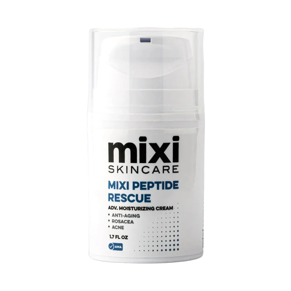 Skincare product container labeled 'mixi Skincare peptide rescue' on a light gray background