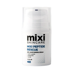 Skincare product container labeled 'mixi Skincare peptide rescue' on a light gray background